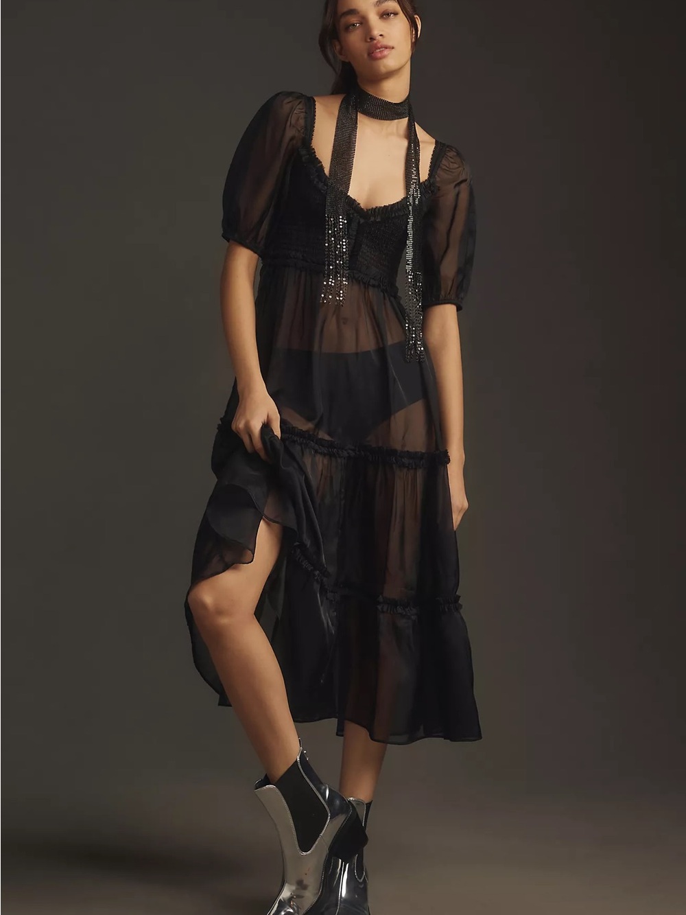 Anthropologie Sheer Black Midi Slip Dress with Puff Sleeves